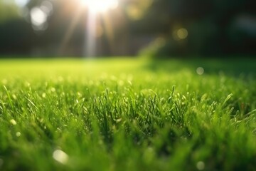 Naklejka premium Close up of green lawn on a sunny day. Generative AI