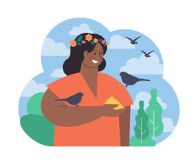 Retreat. Happy female character feeding birds in the park. Modern