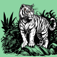 Colored vector  inked style tiger wall art