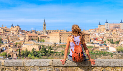 Woman tourist in Toledo city landscape panoramic view in Spain- Travel in Europe