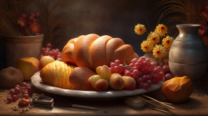 Obraz na płótnie Canvas Ai nostalgic food illustration, Still life of good homemade bun bread, sweet desserts on a plate, fruits, berry and grapes. Yummy tasteful bakery in the sunday morning breakfast, snacks with pastry