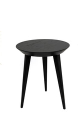 Round black wooden coffee table on three legs with a beautiful wood texture. Isolated on a white...