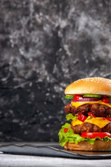 Half shot of delicious sandwich on gray ice distressed isolated background