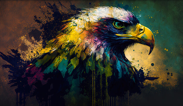 Abstract mixed grunge colors eagle head background painting. Digital painting art in multi colors style. Digital illustration generative AI.