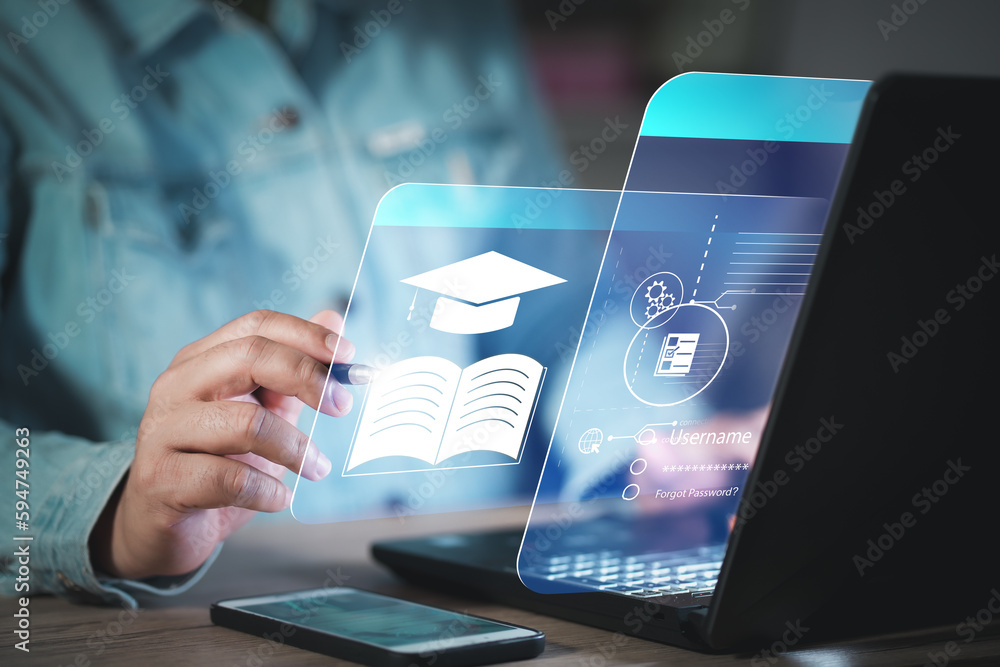 Poster Concept of Online education. man use Online education training and e-learning webinar on internet for personal development and professional qualifications. Digital courses to develop new skills...