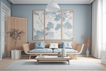 Japandi minimalist living room with blank white frame mockup in white and blue tones. sofa, rattan furniture, and wallpaper. design of a farmhouse interior, generative AI
