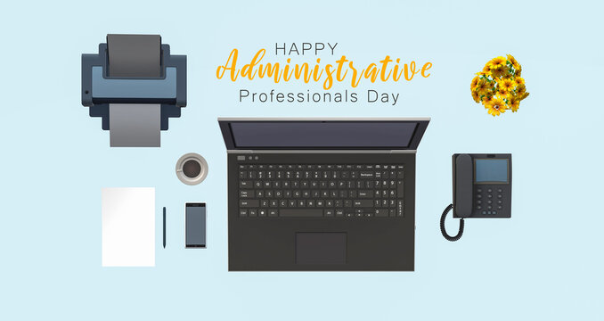 Administrative Professionals Day concept. Desk illustration on blue background. Top view.