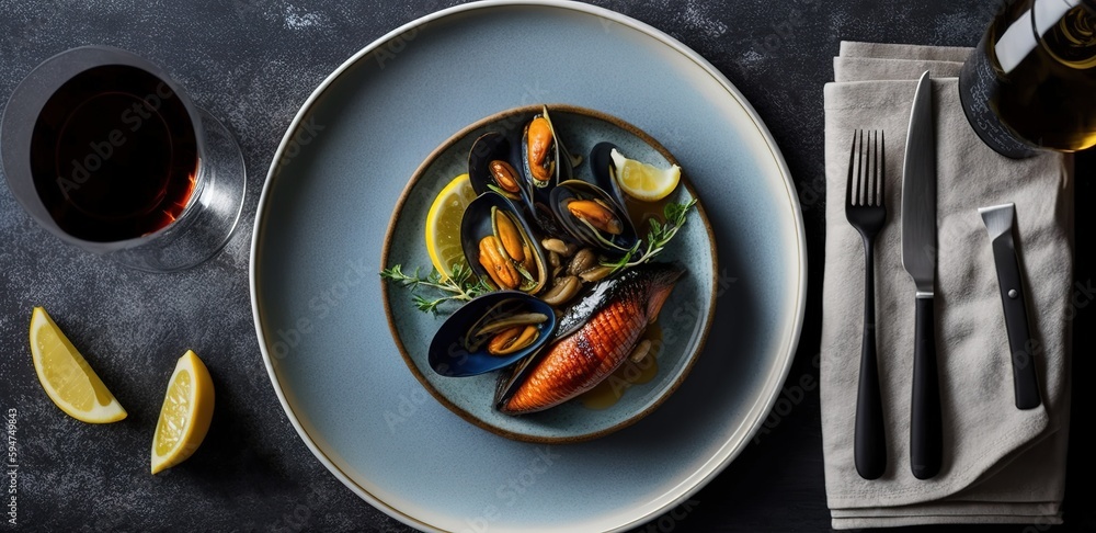 Poster mussels and wine on a flat-lay table setting with room for text generative ai