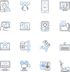Hardware and software line icons collection. ardware, Processor, Motherboard, Graphics card, RAM, SSD, Hard drive vector and linear illustration. Monitor,Keyboard,Mouse outline signs set