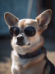 A dog wearing sunglasses and a collar