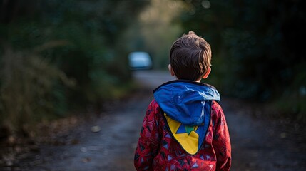 A boy wearing a superhero costume walking down the street