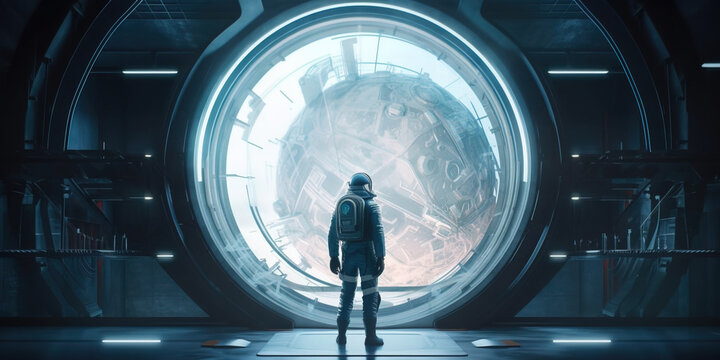 Spaceman in a spacesuit stands in front of spaceship circle window. Postproducted generative AI digital illustration.