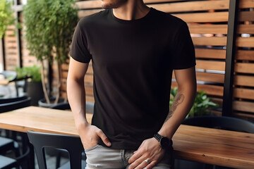 Young man wearing bella canvas black t shirt and jeans, at a cozy restaurant on summers day. Design tshirt template, print presentation mockup. Ai generated. - obrazy, fototapety, plakaty