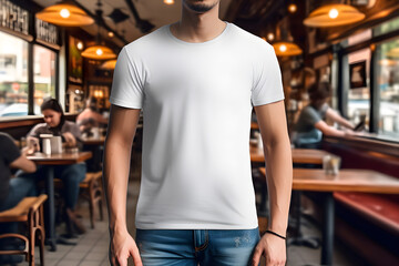 Fototapeta na wymiar Young man wearing bella canvas white t shirt and jeans, at a cozy restaurant on summers day. Design tshirt template, print presentation mockup. Ai generated.
