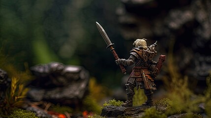 A miniature figurine of a man holding a sword stands on a rock with a forest in the background.