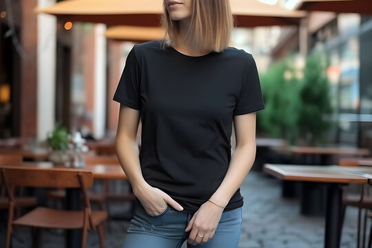 Young woman wearing bella canvas black t shirt and jeans, at a cozy restaurant on summers day. Design tshirt template, print presentation mockup. Ai generated.