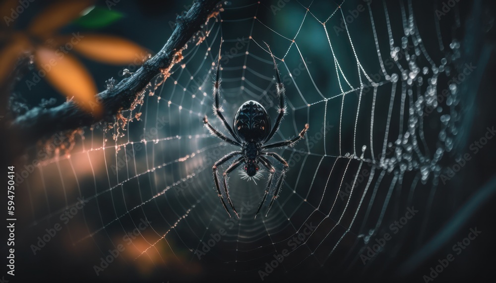 Wall mural black spider on web ambinetal background in nature generative ai