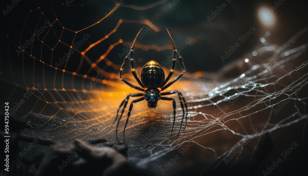 Wall mural black spider on web ambinetal background in nature generative ai
