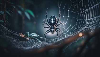 Obraz premium Black spider on web ambinetal background in nature generative ai