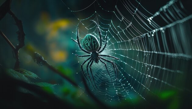 Black spider on web ambinetal background in nature generative ai