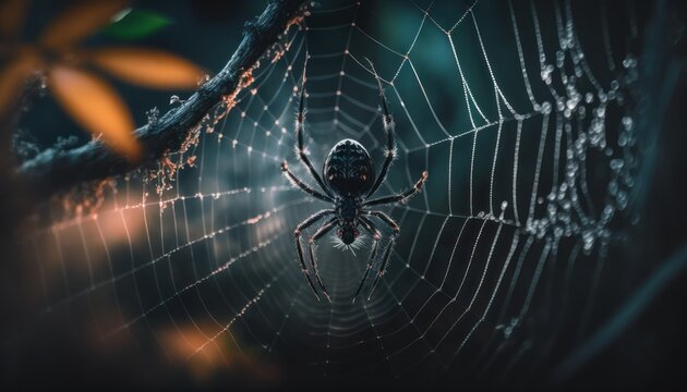 Black spider on web ambinetal background in nature generative ai