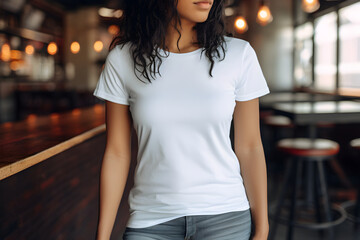 Young woman wearing bella canvas white t shirt and jeans, at a cozy restaurant on summers day. Design tshirt template, print presentation mockup. Ai generated. - obrazy, fototapety, plakaty