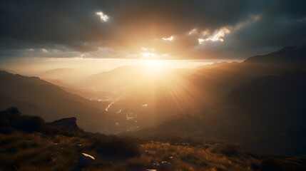 The Radiant Sunset: An Epic Landscape with Shimmering Sunbeams and Dramatic Clouds, AI Generative