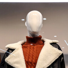 Mannequin in a sheepskin coat and a knitted sweater close-up