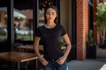 Obraz na płótnie Canvas Young brunette woman wearing bella canvas black t shirt and jeans, at a cozy restaurant on summers day. Design tshirt template, print presentation mockup. Ai generated.