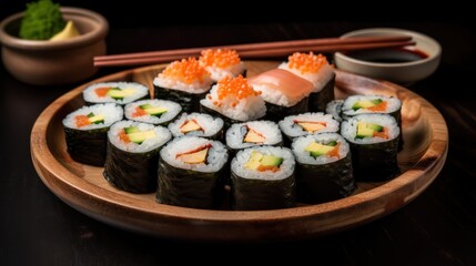 Sushi, rolls, maki traditional Japanese plate. Generative AI