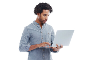 Man, laptop and typing on internet isolated on a transparent png background for it email or...