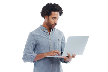 Man, laptop and typing on internet isolated on a transparent png background for it email or research. Confident black male or technician on a computer for connection, programming and data analytics