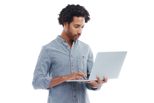 Man, laptop and typing on internet isolated on a transparent png background for it email or research. Confident black male or technician on a computer for connection, programming and data analytics