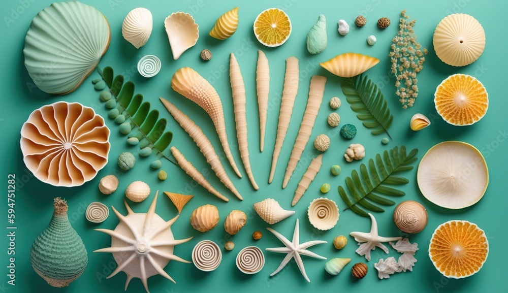 Poster seashell flat lay summertime scene generative ai