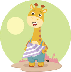 Giraffe Playing Kite Cartoon Illustration