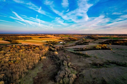 Autumn drone image of the fields in Wisconsin