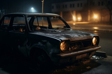A burned-out car on the side of the road, suggesting chaos and anarchy. AI-generated.