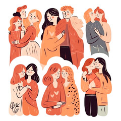 A collection of romantic couples isolated on a white background. A set of portraits of men and women in love hugging, hugging and kissing. Generative ai.