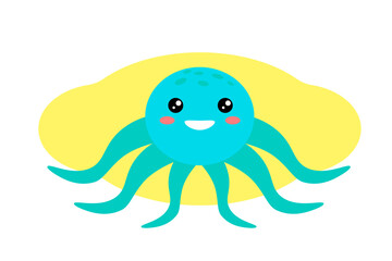 blue octopus with six tentacles on a yellow background