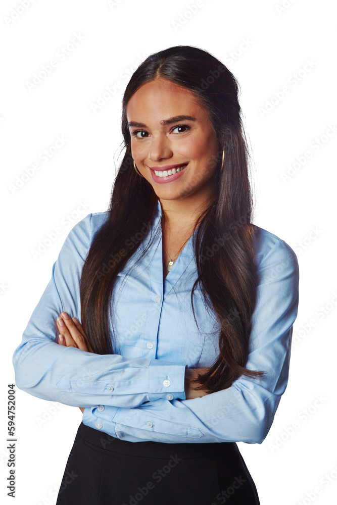 Wall mural Smile, portrait and business woman with arms crossed isolated on a transparent png background. Professional, happiness and confident female person, entrepreneur and worker with pride for career.