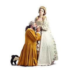 Queen, king and begging for forgiveness, love or empathy in royal marriage for theater, trust or...