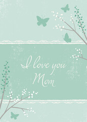 Fototapeta na wymiar Teal Mothers Day card design, in a cut paper style with textures. 5x7 ratio 