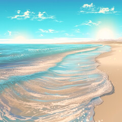 Pixel beach, sand, sea, sky, and clouds wallpaper, seascapes. Generative Ai.