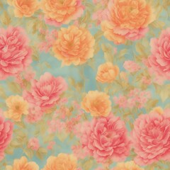 Seamless pattern of yellow and pink flowers, leaves and branches . Hand drawn background, vintage floral pattern for wallpaper or fabric