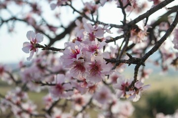 Pink cherry blossom flowers blooming on the branches of a tree