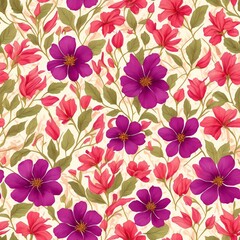 Seamless pattern of purple flowers, leaves and branches . Hand drawn background, vintage floral pattern for wallpaper or fabric