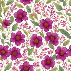Seamless pattern of spring flowers, leaves and branches . Hand drawn background. Floral pattern for wallpaper or fabric
