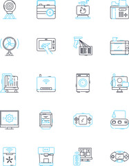 Artificial system linear icons set. Automation, Robotics, Algorithms, Machine learning, Intelligence, Synthesis, Computation line vector and concept signs. Cybernetics,Digitization,Simulation outline