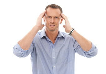 Portrait, stress and PNG with a business man isolated on a transparent background suffering from...