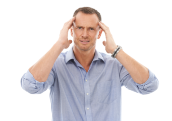 Portrait, stress and PNG with a business man isolated on a transparent background suffering from anxiety. Burnout, mental health and overworked with a frustrated male employee rubbing his temples